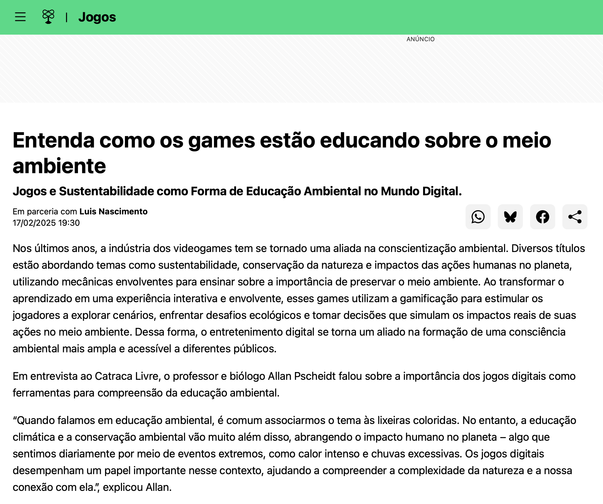 Entrevista sobre jogos para educação sobre o meio ambiente